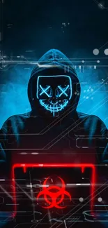 A mysterious figure in a hood with a neon mask and laptop, in a cyberpunk style.