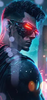 Cyberpunk hero with neon lights in futuristic cityscape.