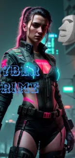 Neon-lit cyberpunk heroine with futuristic city backdrop.