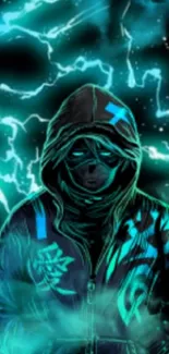 Hooded figure in neon cyberpunk style.