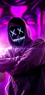 Hooded figure with neon glowing mask in purple cyberpunk style.