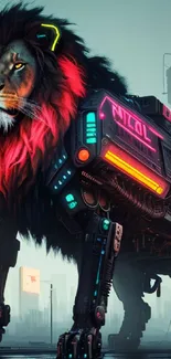 Cyberpunk lion with neon accents in a futuristic city.