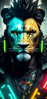 Cyberpunk lion with neon lights headphones, urban setting.