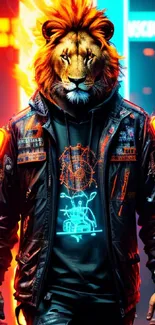 Cyberpunk lion warrior with neon hues in a futuristic setting.