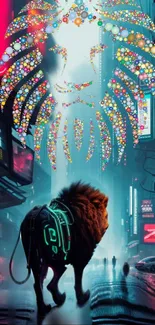 Cyberpunk city with neon lion in luminous colors.