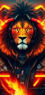 Cyberpunk lion with neon headphones and glowing orange accents.