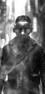 Cyberpunk masked figure in a smoky cityscape.