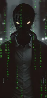 Cyberpunk wallpaper with masked figure and glowing eyes.