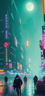 Cyberpunk city street with neon lights and a moonlit sky.