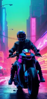 Futuristic cyberpunk motorcycle in neon-lit cityscape on wallpaper.