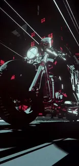 Futuristic motorcycle rides through a neon-lit cyberpunk city at night.