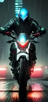 Cyberpunk style motorcycle rides in neon-lit urban street at night.