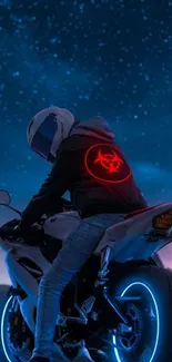 Futuristic motorcycle with neon lights under a starry night sky in digital art.