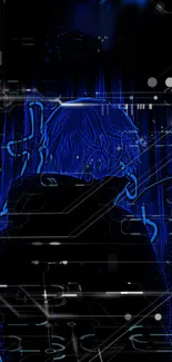 Anime character with neon blue glow in cyberpunk style.