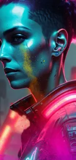 Futuristic cyberpunk neon art with vibrant colors and edgy character design.