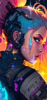 Cyberpunk neon art featuring a futuristic female character with a vibrant cityscape backdrop.