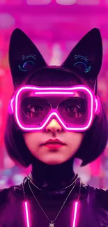 Neon-lit cyberpunk figure with cat ears and glasses.