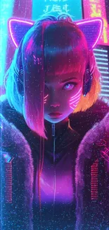 Futuristic girl with neon cat ears in a cyberpunk cityscape.