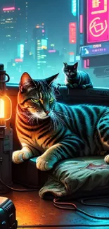 Cyberpunk cat with neon lights in a futuristic cityscape.