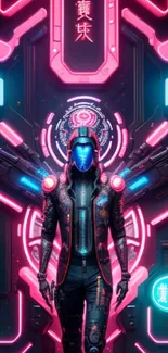 Futuristic cyberpunk neon wallpaper with tech figure.