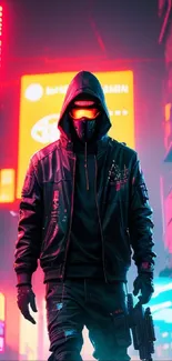 Futuristic cityscape with neon lights and a hooded figure in a cyberpunk style.