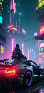 Cyberpunk cityscape with neon lights and a futuristic car.