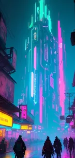 Cyberpunk cityscape with vibrant neon lights and towering skyscrapers.