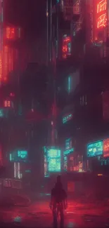 Cyberpunk neon cityscape with lone figure.