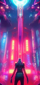 Cyberpunk cityscape with neon lights and futuristic vibe.