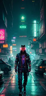 Cyberpunk cityscape with neon lights and futuristic figure.