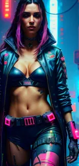 Cyberpunk themed neon city wallpaper with vibrant lighting and futuristic character.