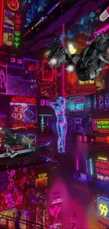 Futuristic cyberpunk cityscape with neon lights and futuristic vehicles.