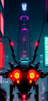 Cyberpunk cityscape with neon lights and a futuristic robot.