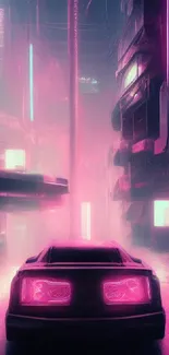 Futuristic cyberpunk cityscape with neon lights and retro car in purple hues.