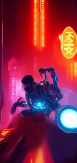 Futuristic cyberpunk scene with neon lights and motorcycle.