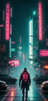 Futuristic figure with neon lights in a cyberpunk cityscape.