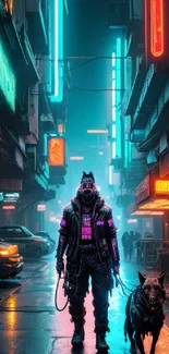 Cyberpunk scene with neon lights and futuristic character.