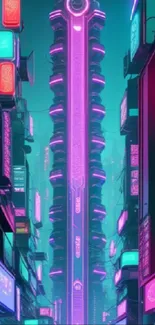 Cyberpunk cityscape with neon signs and futuristic architecture.