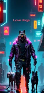 Futuristic figure with dogs in neon-lit cyberpunk city.