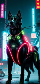 Cyberpunk dog in neon-lit cityscape wallpaper.