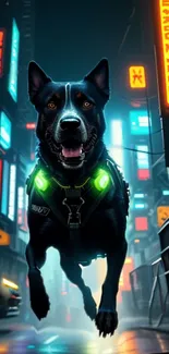 Neon-accented dog running through a cyberpunk cityscape.