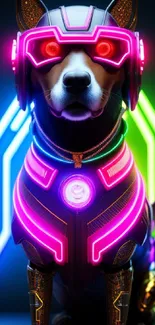 Cyberpunk dog with neon lights and futuristic design, perfect for tech-themed wallpaper.