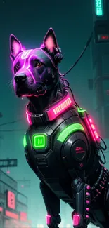 Cyberpunk dog with neon lights in a futuristic city scene.