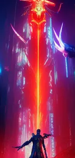 Futuristic cyberpunk neon cityscape with epic battles and sci-fi elements.