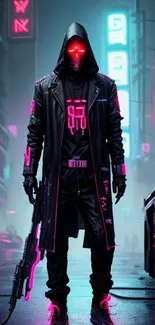 Cyberpunk figure in neon cityscape with glowing lights.