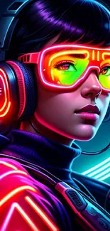 Cyberpunk gamer girl in neon colors with futuristic headset and goggles.