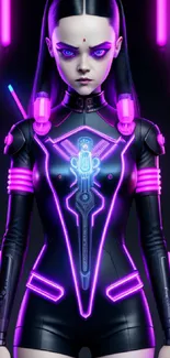 Cyberpunk girl with neon lights and futuristic outfit.