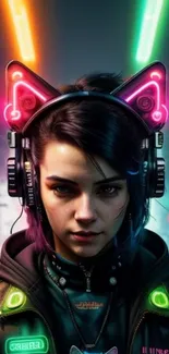 Cyberpunk-themed wallpaper with neon headphones and city lights.