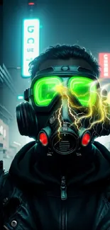 Futuristic gas mask with neon lights in cyberpunk cityscape wallpaper.