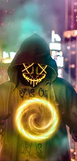 Cyberpunk wallpaper with neon mask and glowing vortex in urban setting.